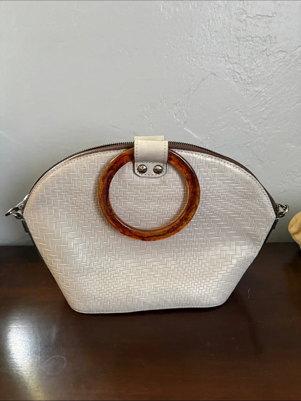 Patricia Nash White Woven Satchel with Tortoiseshell Ring Handle and Scarf